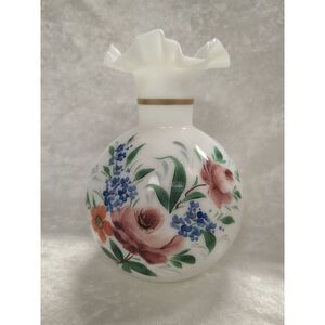 Consolidated Milk Glass Hand Painted Rose Flower Ruffled Edge Vase 9” Tall
